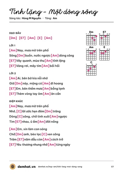 Hợp âm Tĩnh lặng – Một dòng sông (Hùng M Nguyễn) – bản nhạc PDF trang 1, tông Am