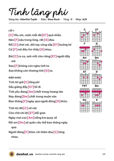 Hợp âm Tình lãng phí (Hứa Kim Tuyền) – bản nhạc PDF trang 1, tông C