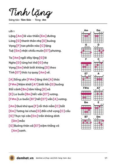 Hợp âm Tỉnh lặng (Bảo Yến) – bản nhạc PDF trang 1, tông Am