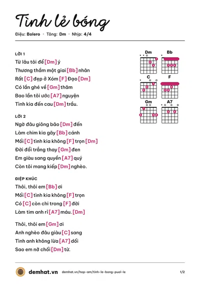 Hợp âm Tình lẻ bóng (Puol Lê) – bản nhạc PDF trang 1, tông Dm