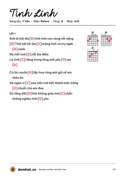 Hợp âm Tình Lính (Y Vân) – bản nhạc PDF trang 1, tông G