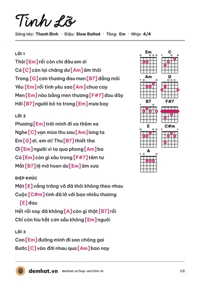 Hợp âm Tình Lỡ (Thanh Tuyền) – bản nhạc PDF trang 1, tông Em
