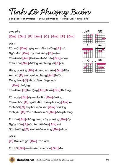 Hợp âm Tình Lỡ Phượng Buồn (Tân Phương) – bản nhạc PDF trang 1, tông Dm