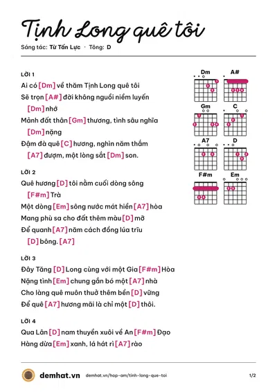 Hợp âm Tịnh Long quê tôi (Bảo Yến) – bản nhạc PDF trang 1, tông D