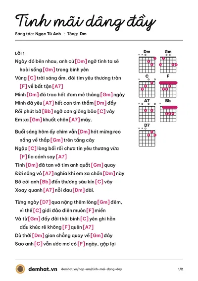 Hợp âm Tình mãi dâng đầy (Quang Dũng) – bản nhạc PDF trang 1, tông Dm