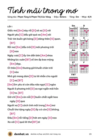 Hợp âm Tình mãi trong mơ (Phượng Khánh) – bản nhạc PDF trang 1, tông Em