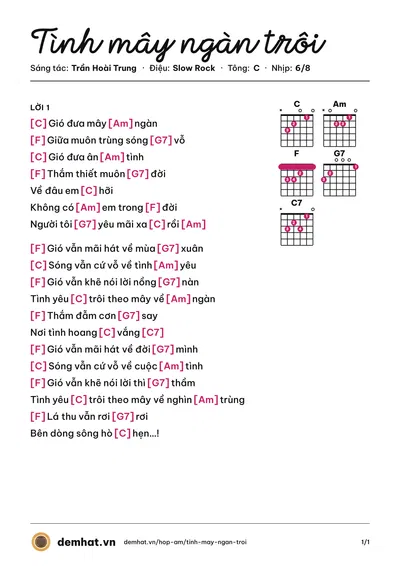 Hợp âm Tình mây ngàn trôi (Trần Hoài Trung) – bản nhạc PDF trang 1, tông C