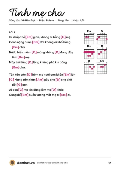 Hợp âm Tình mẹ cha (Vũ Bảo Đạt) – bản nhạc PDF trang 1, tông Em