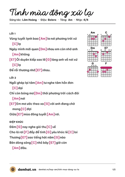 Hợp âm Tình mùa đông xứ lạ (Lâm Hoàng) – bản nhạc PDF trang 1, tông Am