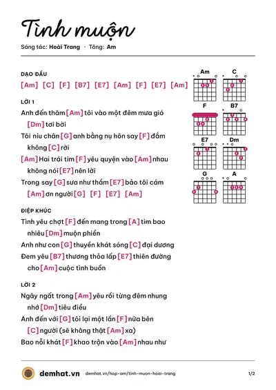 Hợp âm Tình muộn (Hoài Trang) – bản nhạc PDF trang 1, tông Am