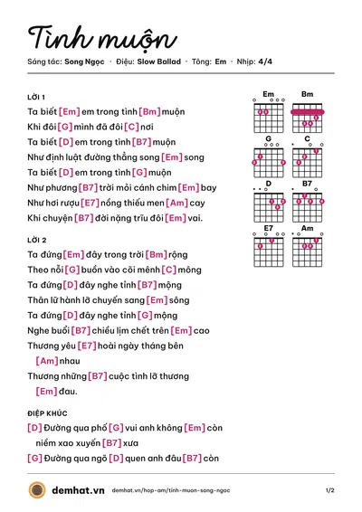 Hợp âm Tình muộn (Song Ngọc) – bản nhạc PDF trang 1, tông Em
