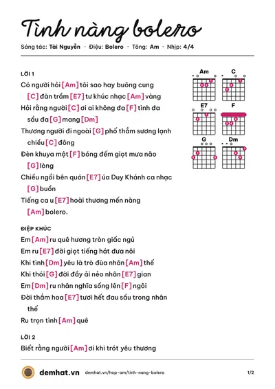 Hợp âm Tình nàng bolero (Tài Nguyễn) – bản nhạc PDF trang 1, tông Am