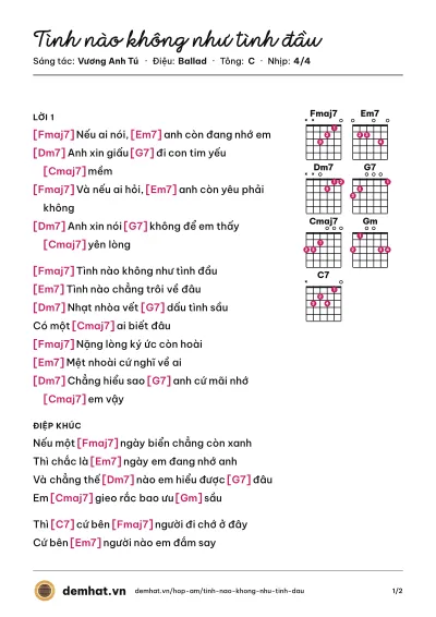 Hợp âm Tình nào không như tình đầu (Trung Quân) – bản nhạc PDF trang 1, tông C