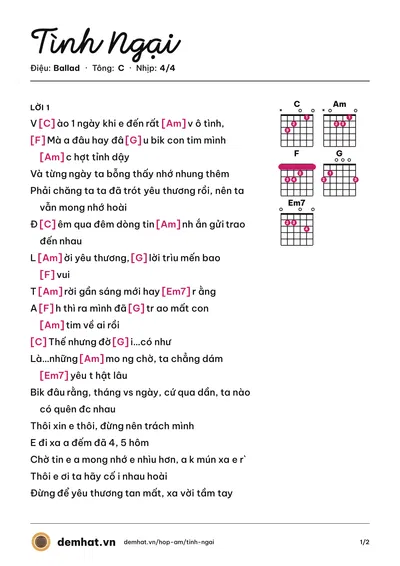 Hợp âm Tình Ngại (Anh Khang) – bản nhạc PDF trang 1, tông C