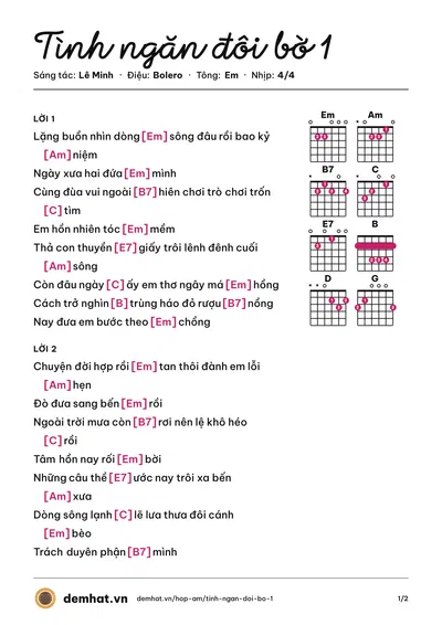 Hợp âm Tình ngăn đôi bờ 1 (Hồng Quyên) – bản nhạc PDF trang 1, tông Em