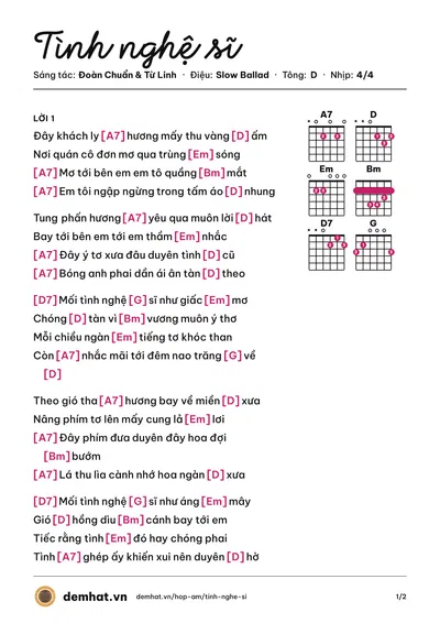 Hợp âm Tình nghệ sĩ (Lê Dung) – bản nhạc PDF trang 1, tông D