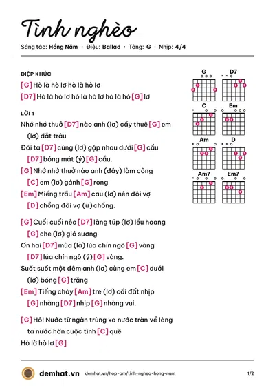 Hợp âm Tình nghèo (Hồng Năm) – bản nhạc PDF trang 1, tông G