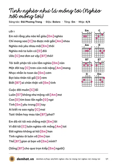 Hợp âm Tình nghèo như lá mồng tơi (Nghèo rớt mồng tơi) (Giang Trường) – bản nhạc PDF trang 1, tông Em
