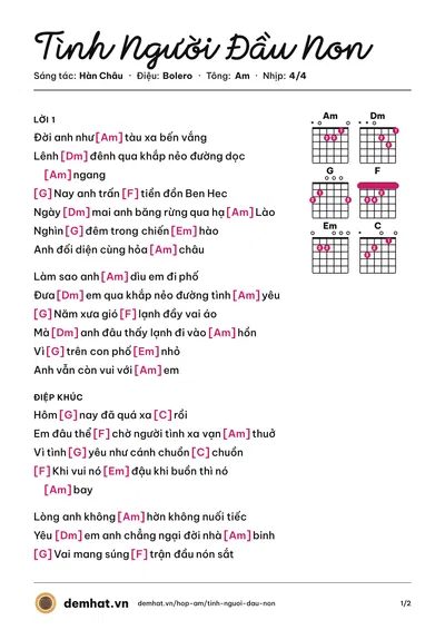 Hợp âm Tình Người Đầu Non (Huỳnh Phi Tiễn) – bản nhạc PDF trang 1, tông Am