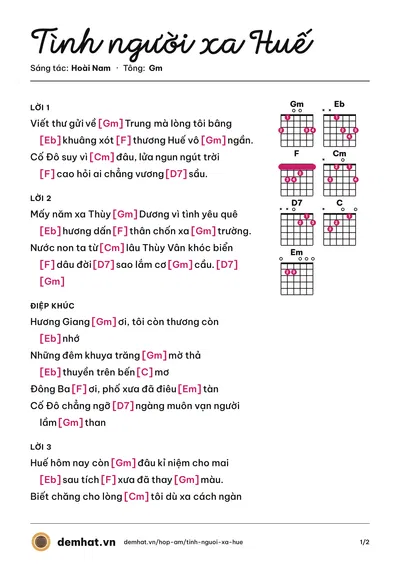 Hợp âm Tình người xa Huế (Kim Loan (trước 75)) – bản nhạc PDF trang 1, tông Gm
