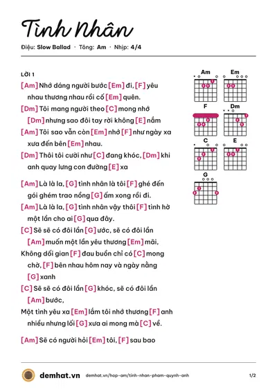 Hợp âm Tình Nhân (Phạm Quỳnh Anh) – bản nhạc PDF trang 1, tông Am