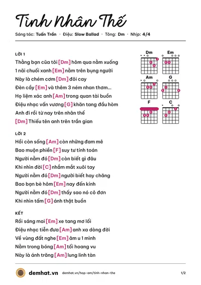 Hợp âm Tình Nhân Thế (Tuấn RuPi) – bản nhạc PDF trang 1, tông Dm