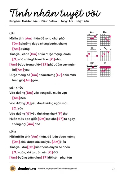 Hợp âm Tình nhân tuyệt vời (Mai Anh Lộc) – bản nhạc PDF trang 1, tông Am