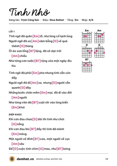 Hợp âm Tình Nhớ (Ngọc Lan) – bản nhạc PDF trang 1, tông Em