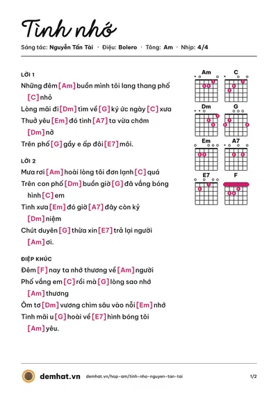 Hợp âm Tình nhớ (Khang Lê) – bản nhạc PDF trang 1, tông Am