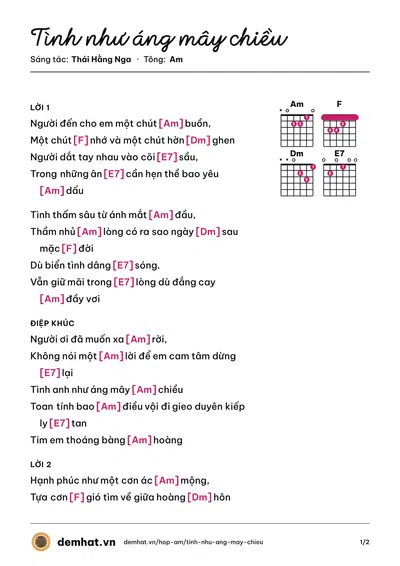 Hợp âm Tình như áng mây chiều (Thái Hằng Nga) – bản nhạc PDF trang 1, tông Am
