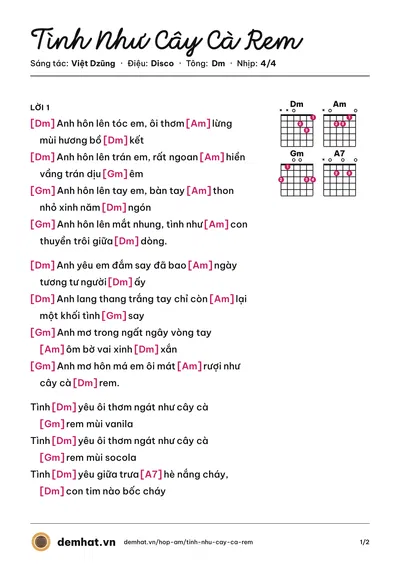 Hợp âm Tình Như Cây Cà Rem (Don Hồ) – bản nhạc PDF trang 1, tông Dm
