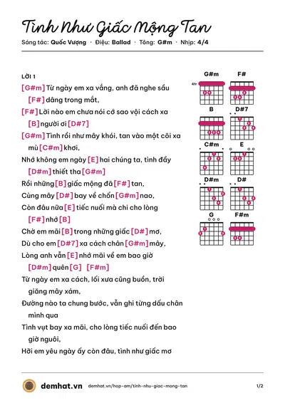 Hợp âm Tình Như Giấc Mộng Tan (Lam Trường) – bản nhạc PDF trang 1, tông G#m
