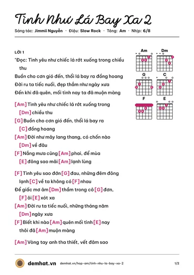 Hợp âm Tình Như Lá Bay Xa 2 (jimmi ngủyên) – bản nhạc PDF trang 1, tông Am