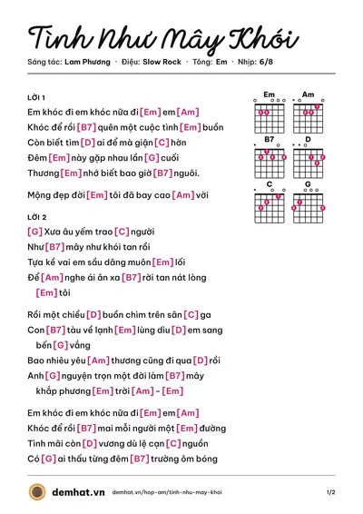 Hợp âm Tình Như Mây Khói (Đan Nguyên) – bản nhạc PDF trang 1, tông Em