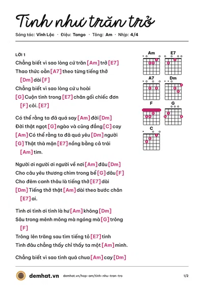 Hợp âm Tình như trăn trở (Thanh Sang) – bản nhạc PDF trang 1, tông Am