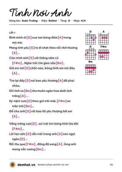 Hợp âm Tình Nơi Anh (Xuân Trường) – bản nhạc PDF trang 1, tông D
