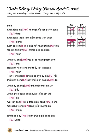 Hợp âm Tình Nồng Cháy (Over And Over) (Hương Lan) – bản nhạc PDF trang 1, tông Am