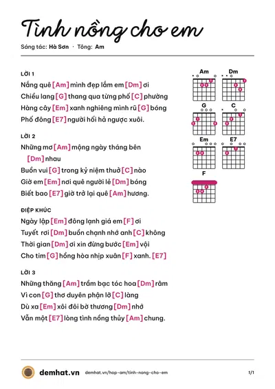Hợp âm Tình nồng cho em (Trần Minh Dũng) – bản nhạc PDF trang 1, tông Am
