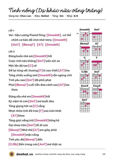 Hợp âm Tình nồng (Dạ khúc nửa vầng trăng) (Minh Tuyết) – bản nhạc PDF trang 1, tông Gm