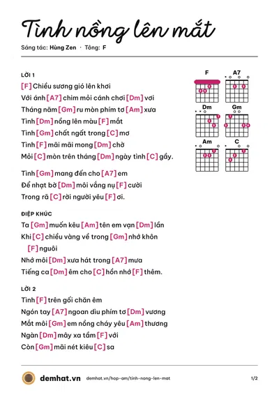 Hợp âm Tình nồng lên mắt (Khánh Vy) – bản nhạc PDF trang 1, tông F