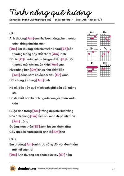 Hợp âm Tình nồng quê hương (Mạnh Quỳnh (trước 75)) – bản nhạc PDF trang 1, tông Am