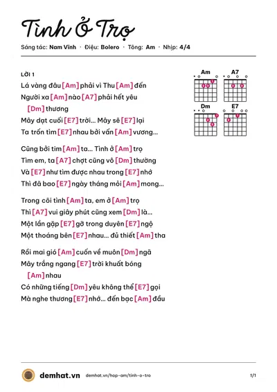 Hợp âm Tình Ở Trọ (Nam Vĩnh) – bản nhạc PDF trang 1, tông Am