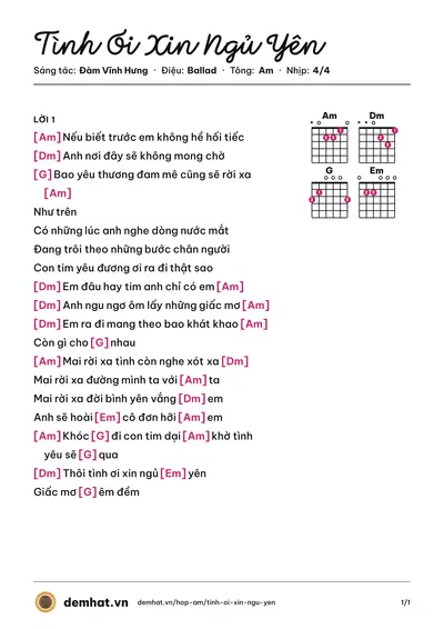 Hợp âm Tình Ơi Xin Ngủ Yên (Đàm Vĩnh Hưng) – bản nhạc PDF trang 1, tông Am