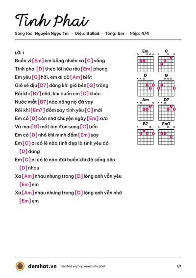 Hợp âm Tình Phai (Lam Trường) – bản nhạc PDF trang 1, tông Em