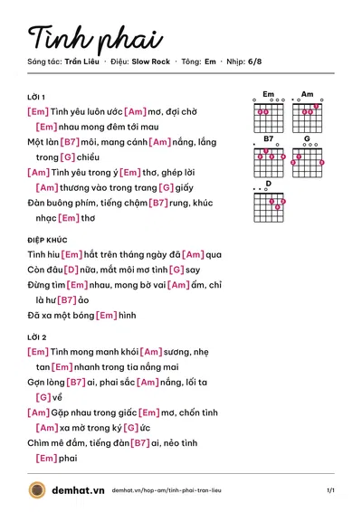 Hợp âm Tình phai (Nguyễn Dũng) – bản nhạc PDF trang 1, tông Em