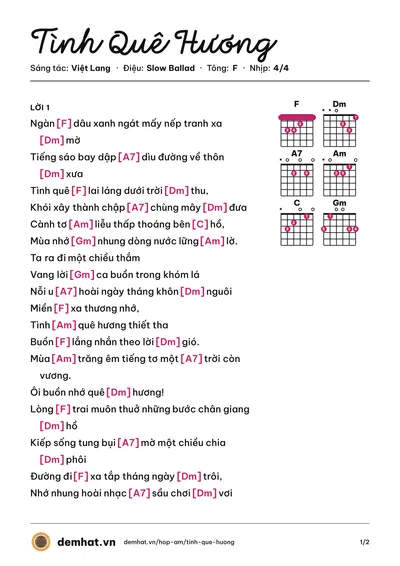 Hợp âm Tình Quê Hương (Ngọc Hạ) – bản nhạc PDF trang 1, tông F