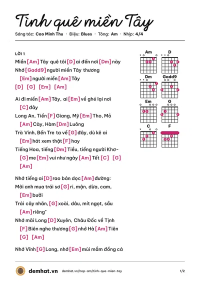 Hợp âm Tình quê miền Tây (Khưu Huy Vũ) – bản nhạc PDF trang 1, tông Am