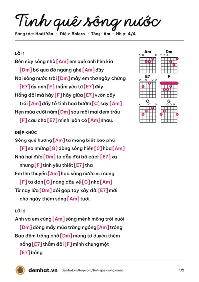 Hợp âm Tình quê sông nước (Quỳnh Trang) – bản nhạc PDF trang 1, tông Am