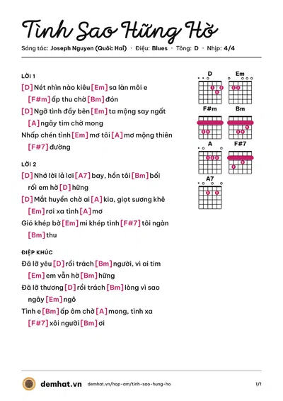 Hợp âm Tình Sao Hững Hờ (Lê Toàn) – bản nhạc PDF trang 1, tông D