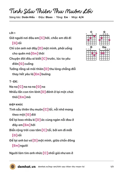 Hợp âm Tình Sầu Thiên Thu Muôn Lối (Doãn Hiếu) – bản nhạc PDF trang 1, tông Em